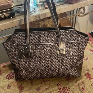 Coach tote reptile print canvas and pewter leather shopper size.